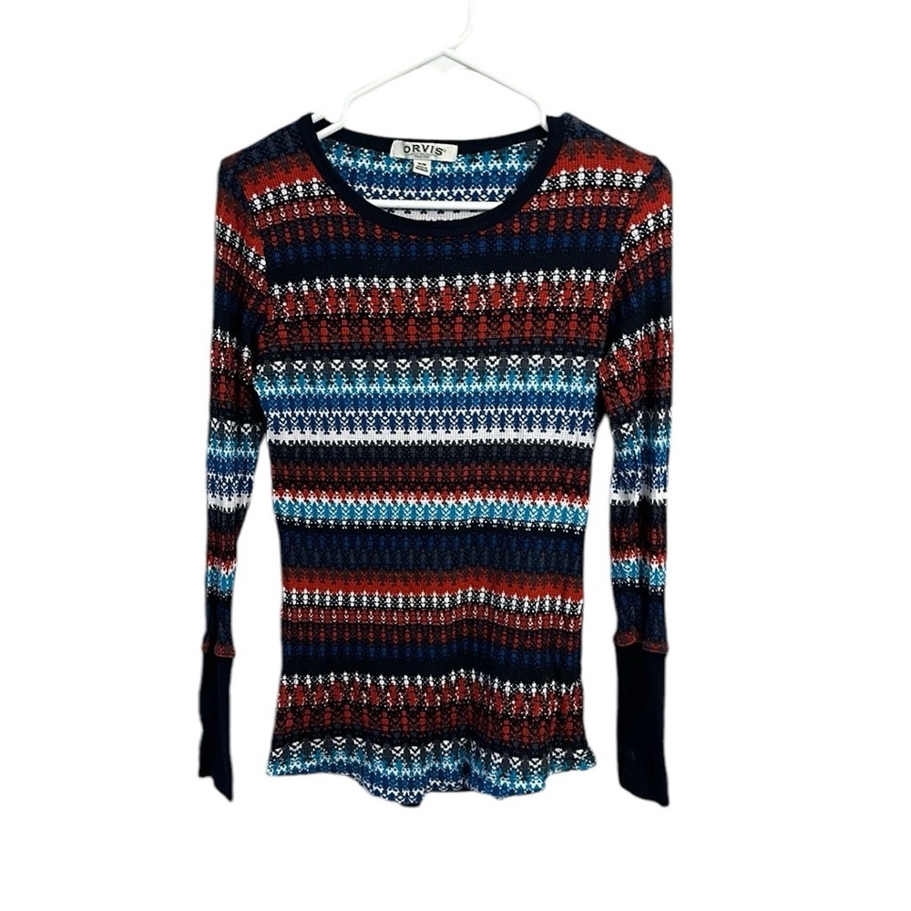 Orvis Henley Waffle Knit Top M Aztec Tribal